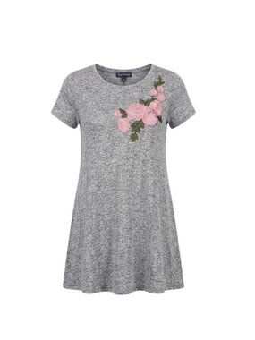 French Atmosphere Gray Knit Swing Dress Pink Rose Floral Embroidered Size XL